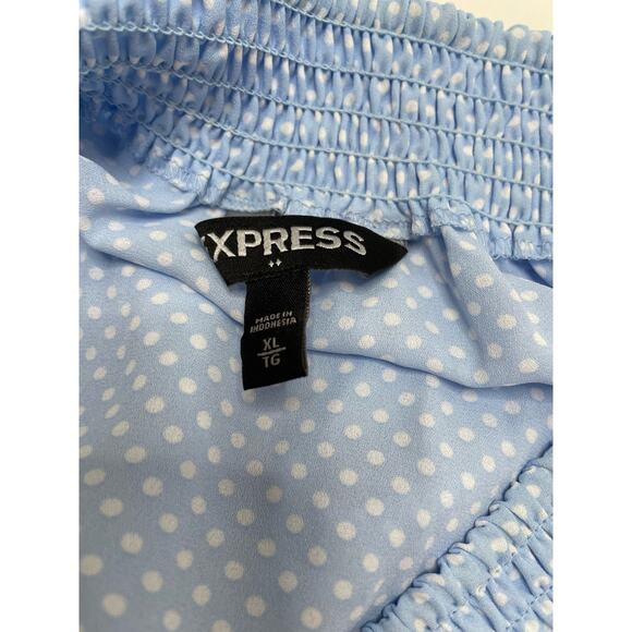 Express Smocked High Low Off-The-Shoulder Blouse Polka Dot Blue Womens Size XL - Picture 5 of 9